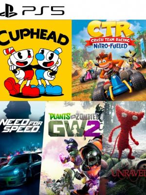 5 juegos en 1 Cuphead mas Crash Team Racing Nitro Fueled mas Need For Speed mas Plants vs Zombies Garden Warfare 2 mas Unravel PS5